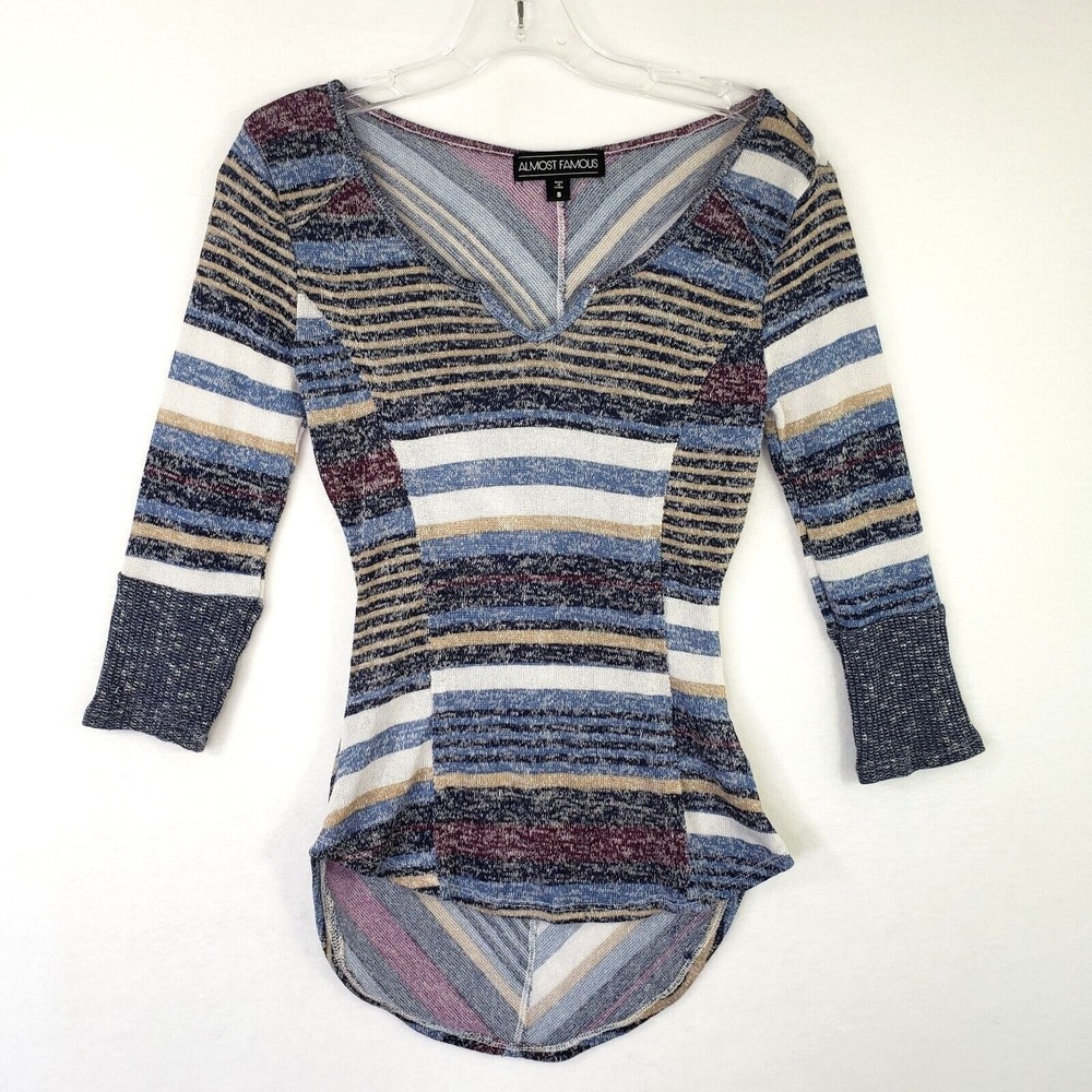 Almost Famous Knit Striped Tunic Top Womens Small V-Neck 3/4 Sleeve Hi Low Hem